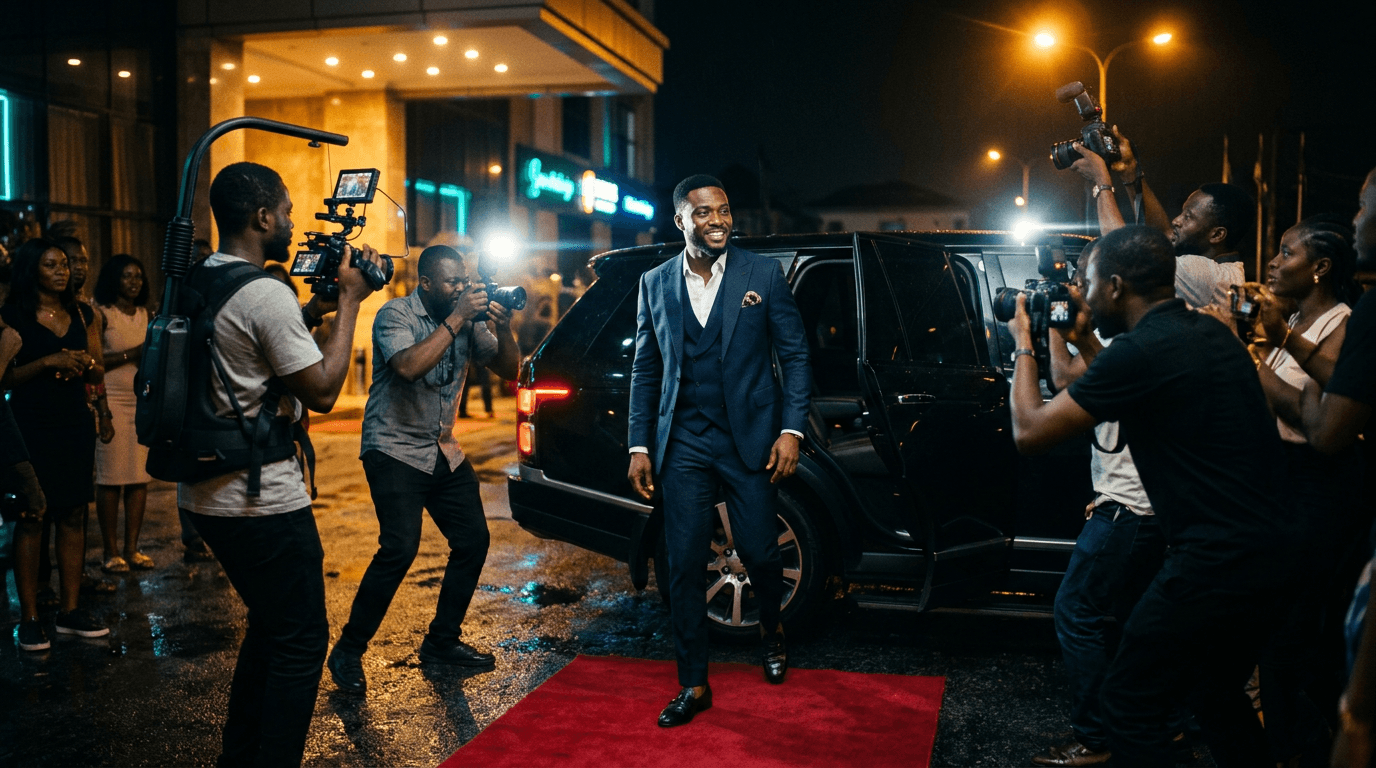 A camera crew and paparazzi capturing a guest's grand arrival from a black luxury SUV at night