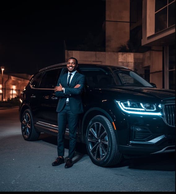 A professionally dressed rider stepping out to a waiting executive SUV at night